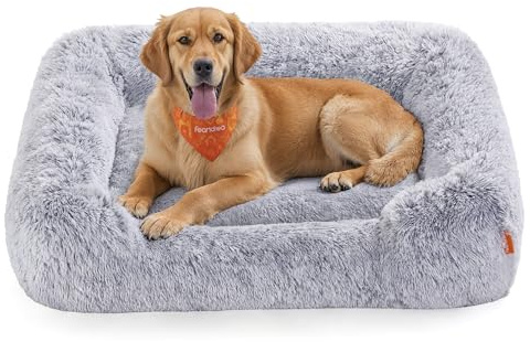 Feandrea Cama para Perros, Sofá para Perros Grandes, 106 x 75 x 20 cm, Cojín para Mascotas, Relleno Suave, Bordes Elevados, Funda Extraíble y Lavable, Antideslizante, Gris Ombré PGW273G01