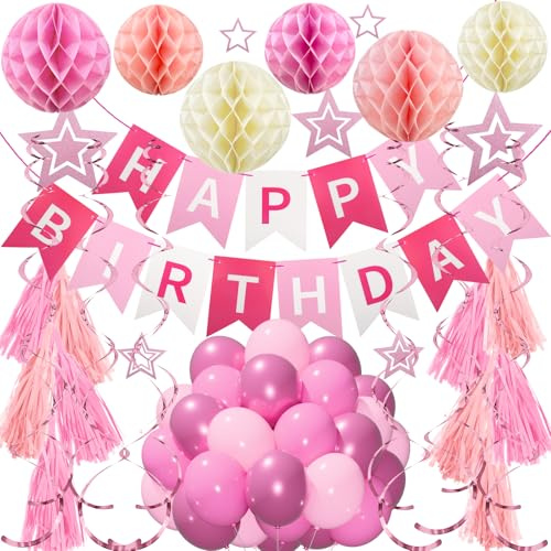 Rosa Geburtstag Dekorationen - Happy Birthday Girlande Party Supplies mit Wabenball, Quaste, Hängende Wirbel Streamer, Ballon Rosa Party Dekoration für Mädchen Tochter Frauen Enfant