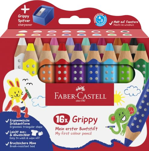 FABER-CASTELL - Buntstifte Set Grippy, 16 Malstifte und Anspitzer | Dicke 3-in-1 Farbstifte für Kleinkinder, ergonomischer Jumbo Buntstift mit Grip-Noppen, leicht abwaschbar