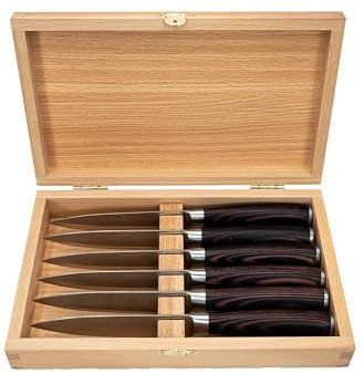 BEEFSTONE Steakmesser Set 6 teilig, Profi Kochmesser, Ergonomischer Holzgriff, glatte Klinge, Geschenkidee mit Kiste aus Holz zur Aufbewahrung