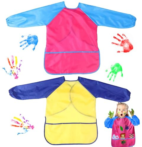 2 Piezas Bata Pintura Niños, Impermeable Delantal Infantil, Delantal Pintura Niños con 3 Bolsillos, Adecuado para Pintura Escolar, Panadería de Cocina, Juego de Arena al Aire Libre
