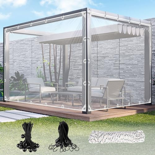 Lona Transparente con Ojales para Exteriores, 420 g/m², PVC, Incluye 20 Bridas, 10 m de Cuerda de fijación, 12 Cintas elásticas con Bolas, 8 Ganchos elásticos (2 m x 3 m, Ganchos)