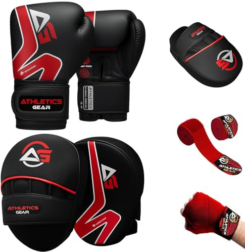 Kids Boxing Gloves and Focus Pad Set – Child Friendly Design, Synthetic Leather, Adjustable and Light Weight for Sparring, Muay Thai Kickboxing, Martial Arts, MMA and Karate