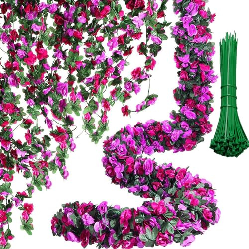 ZenyTra 2 Stück Künstliche Rosen Girlande 2,5m mit 90 Blüten & 20 Bändern | Seidenblumen Deko für Hochzeitsbögen, Schlafzimmer, Balkon | UV-Schutz & Wiederverwendbar
