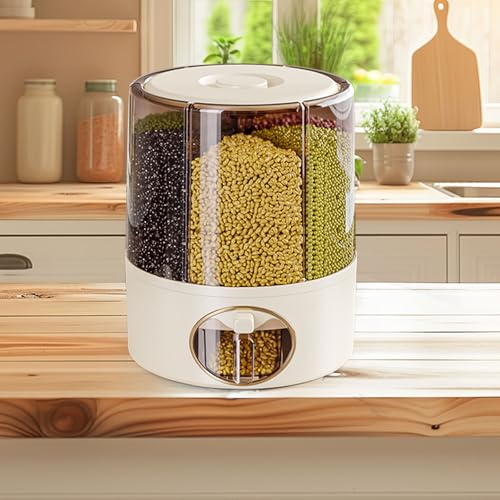 Grain Dispenser,360 Rotating 6 Compartment Dry Food Dispenser,One-Click Output rice Storage Round Grain Dispenser Kitchen,Large Grain Container with Lid,for Rice Flour Cereal Dry Grains,Durable (M)