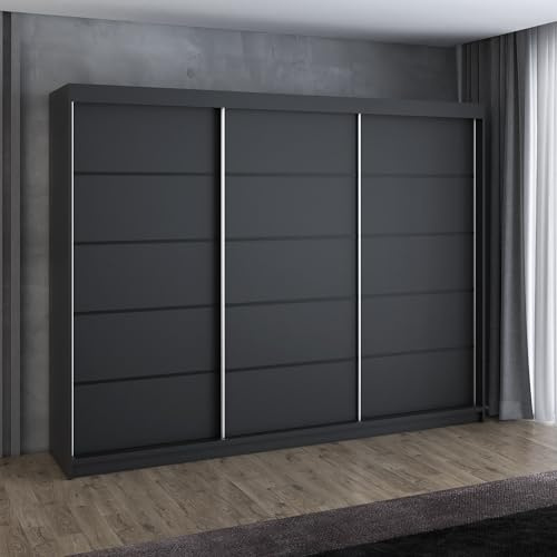 A&J MöbelLand Mero Schwebetürenschrank 200 cm, Kleiderschrank 3-türig mit 4 Schubladen (Schwarz/Schwarz/Schwarz/Schwarz)