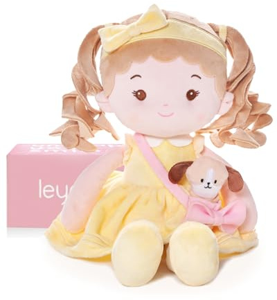 SHANGLeyaDoll Mjuk babydocka (40 cm), min första tygdocka för flickor från 1 år, födelsedagspresent eller julklapp, plyschleksak för spädbarn och barn, solig och her-husdjur-hund