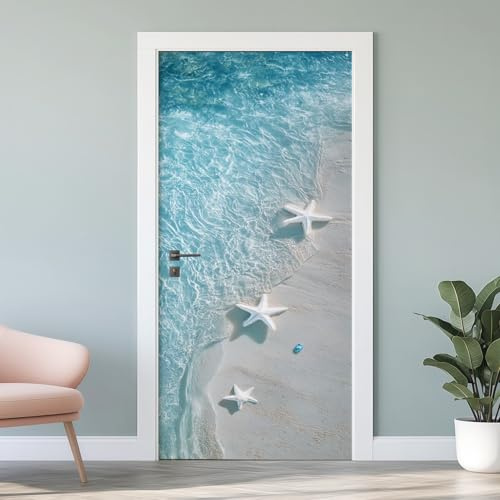 3D Strand TürPoster, Meerblick Türaufkleber, 77x200 cm PVC Entfernbar, Meer Landschaft Wandaufkleber für Schlafzimmer Küche Wohnzimmer Badezimmer Verschönern Deko J4q262