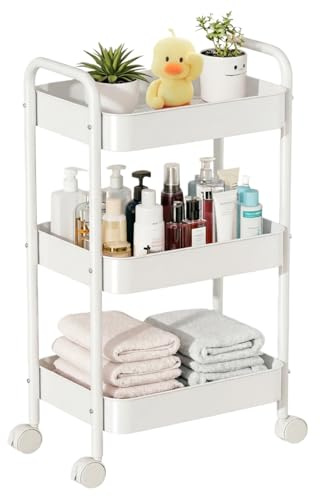 Siocok 3 Tier Metal Storage Trolley on Wheels, Storage Cart, Rolling Utility Cart, Easy Assembly for Home Kitchen, Bathroom Laundry and Office