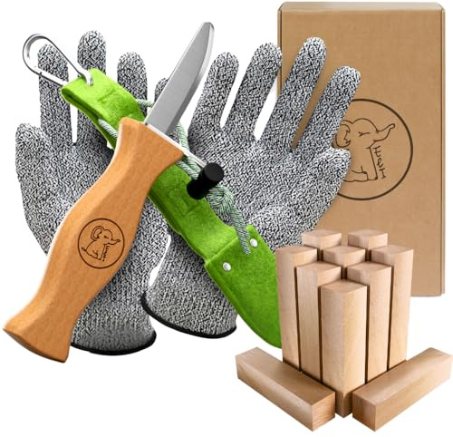 Eli® Schnitzmesser für Kinder mit Schnitzholz und Filztasche ab 6 Jahre | hochwertiges Taschenmesser - Schnitzset inkl schnittfeste Handschuhe - Kinderschnitzmesser - Schnitzwerkzeug - Outdoor Messer
