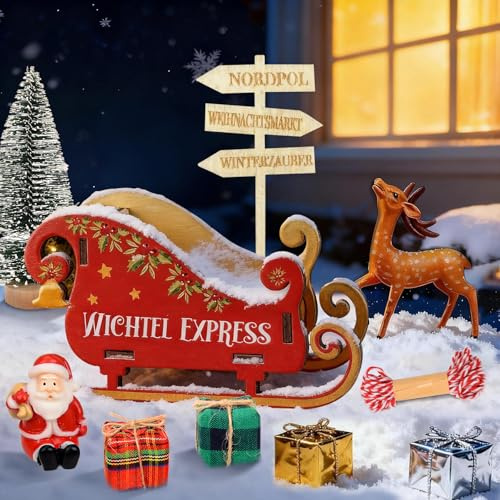 xinrongda Wichtel Set Zubehör Weihnachten Komplett, 12 Stück Wichtelzubehör mit Holzschlitten Weihnachtsbaum Wichtel Rentier, Miniatur Weihnachtsbaum, Wichtel Rentier Zubehör