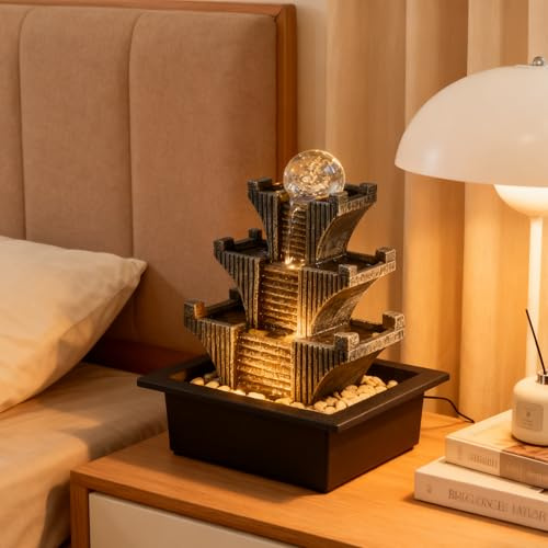 BIASUNS Tabletop Waterfalls Mountain with Pagoda Stepped & Spining Orb, Indoor Soothing Zen Fountain s for Home Office Relaxation