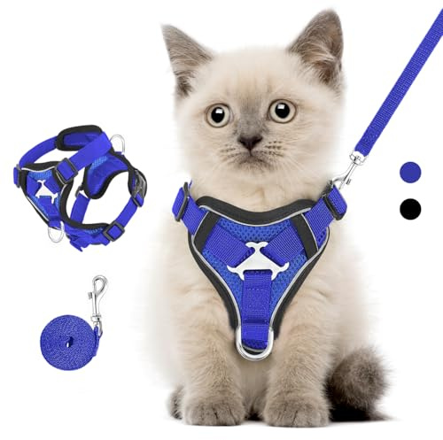 VavoPaw Katzengeschirr und Leine Set für Spaziergänge, Flucht Beweis Kätzchen Weste Geschirr mit Reflektierend Streif, Einstellbar Haustier Sicherheitsweste für Katzen, Welpen, S, Königblau
