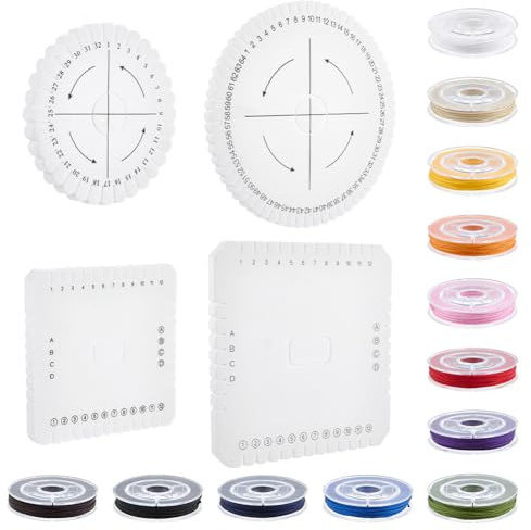 FINGERINSPIRE 4 Pz Strumenti per la Creazione di Braccialetti con Disco Kumihimo, Disco per Braccialetto dell'Amicizia Rotondo e Quadrato con 12 Rotolo di Filo di Nylon a 12 Colori per Fai da Te