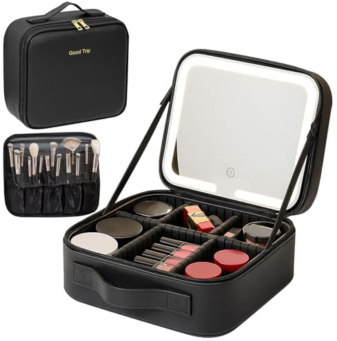 Travel Makeup Bag with LED Mirror, 3 Light Modes Light Up Vanity Case, Portable Cosmetic Organiser Bag with Adjustable Dividers & Makeup Brush Slot, Professional Make Up Storage Box, Black