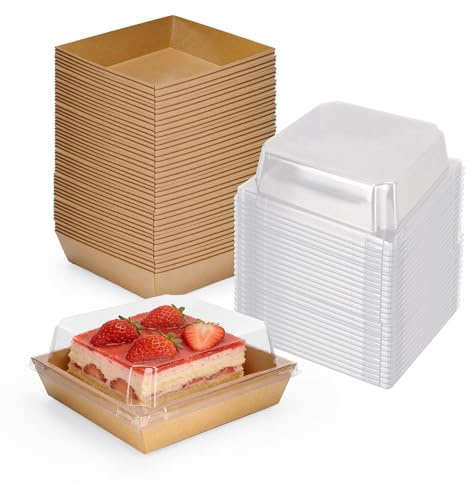 YKUKIZEE 50PCS Brown Cake Slice Box with Clear Lid 13.5cm Charcuterie Box | Oil-Proof, Individual, Square Biscuit Takeaway Container Box for Cookies, Dessert, Bakery, Sandwich, Macaron, Cupcake