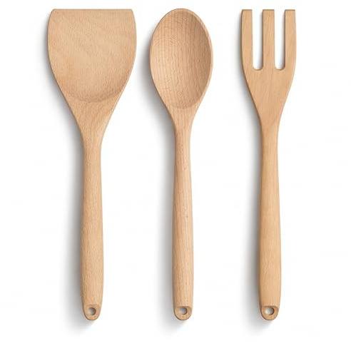 Solid Beechwood Kitchen Utensils Set of 3 – Wooden Spoon, Spatula & Fork – Pre-Oiled, Non-Stick Safe Cooking Tools
