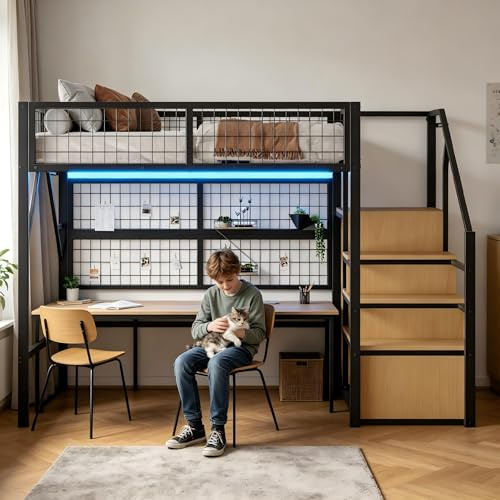 Su & Chan Legence Hochbett 140x200 mit Treppe, Metallbett mit Stauraum, Kleiderschrank und LED, Bettrahmen mit Lattenrost für Kinder und Jugendliche, Schwarz, ohne Matratze