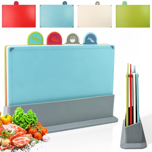 4PCS Colour Coded Chopping Boards, Chopping Boards with Stand, Cutting Board Set Durable, Scratch-Resistant, Anti-Slip, Cutting Board for Kitchen Cooking Equipment