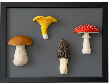 Danevos – Gerahmte Pilz-Wanddeko mit 4 Pilzfiguren (Steinpilz, Pfifferling, Morchel und Fliegenpilz), handbemalt aus PLA, Holzrahmen 13 × 18 cm, zum Aufstellen oder Aufhängen