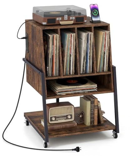COSTWAY Mueble Tocadiscos con Ruedas y Estación de Carga, Mesa Auxiliar de Madera para Discos, Marco Metálico con Estante para Vinilos, Mueble para Tocadiscos y Vinilos, Salón y Dormitorio, Marrón