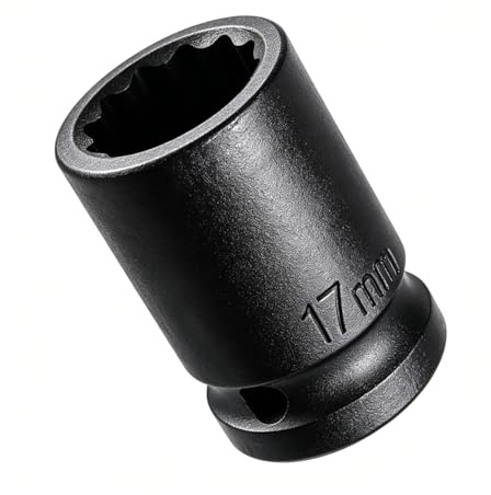 Juttzzei 17mm Impact Socket 1/2 Drive 12-Point, Cr-MO 17mm Shallow Socket | Premium Cr-MO Steel 17mm Shallow Impact Socket x 1/2 Inch Drive, 1.5 length Nut Driver Wrench for Auto Repair