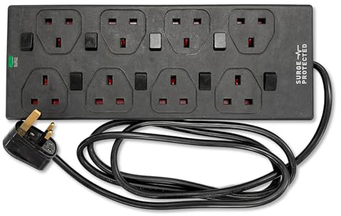 STATUS Black Multi Plug Extension | 8 Socket Extension Cable | 2m Extension Lead | Individually Switched with Neon Indicator | S8WBSPINDSSX4 | Individually Switched, Neon Indicator, S8WBSPINDSSX4