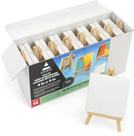ARTEZA Mini Canvases with Easels 10.16 x 10.16 cm, Pack of 14, 100% Cotton Small Stretched Canvas & Solid Pine Wood Easel, Art Supplies for Painting Parties, Crafts, & Classrooms