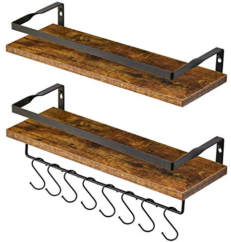 IBUYKE Juego de 2 Estantes de Pared, 42x15x8cm, Estantes Decorativos con Toallero, Percheros de Pared para Libros, Salón, Cocina, Baño RF-TM008S
