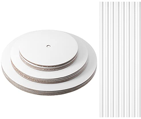 Patelai 39 Pcs Cake Boards and Plastic Dowels, Tiered Cake Board Set, 6 8 10 Stand, 15 Cardboard Boards Bases, 24 Plastic Drum for Wedding Birthday Party(White)