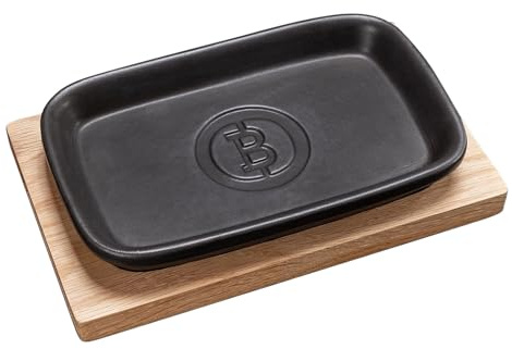 Beefer Keramikschale Römertopf® – Feuerfest bis 800 °C | Glasierter Naturton | Inkl. Servierbrettchen aus Akazienholz | Für alle Beefer Modelle | System 800° | 235 × 155 mm