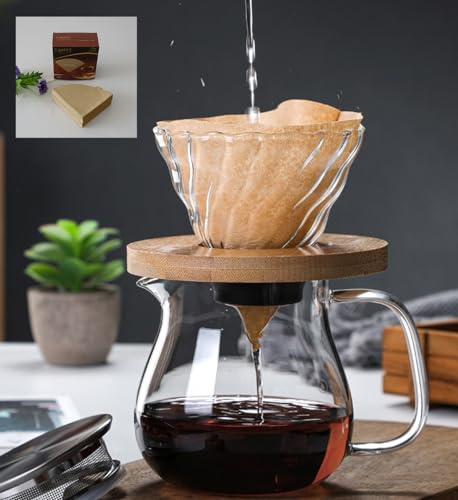 RROAD Cafetera manual con gotero de vidrio con taza de filtro de café, bandeja de bambú con 100 papeles de filtro (450 ml)