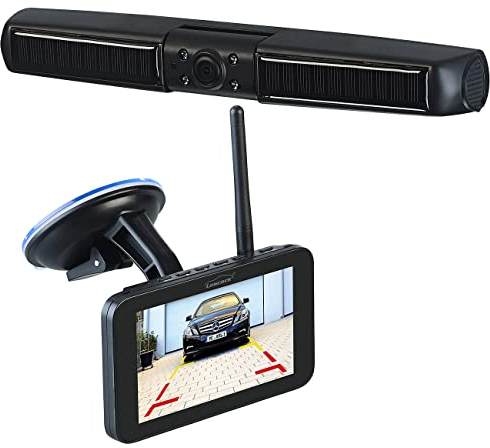 Lescars Auto Kamera: Kabellose Solar-Funk-Rückfahrkamera mit Full HD & 5 (12,5 cm) Monitor (Nachtsicht, Funk Video Rückfahrsystem, Photovoltaik)