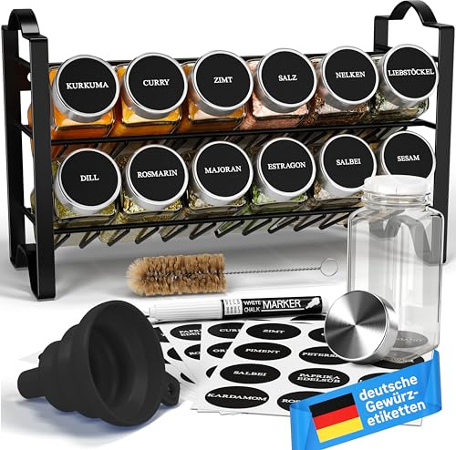 Deco haus® Etagere avec Boite a Epices Lot de 12 avec Étiquettes d'épices Françaises - Rangement Epices Cuisine placard - Etagere Rangement et Organisation de Cuisine, Organisateur de Placard