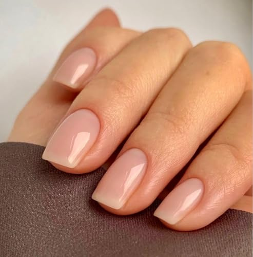 MouyouGlow Press on Nails Kurz,Square Nude Natürliche Fake Nails Kunstnägel mit Nagelkleber,Glossy Einfarbige Nudefarben Künstliche Fingernägel