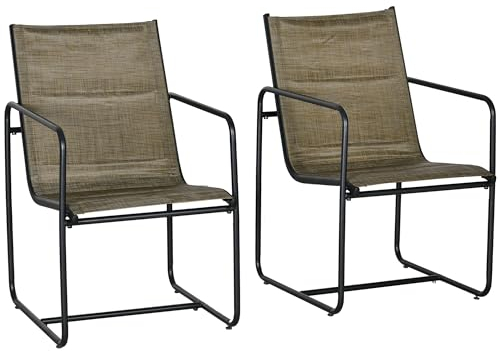 Outsunny Gartenstühle 2er-Set, Gartensessel Set mit Armlehne, Terrassenstuhl, Balkonstuhl, Mesh, Stahl, Braun, 54 x 66,5 x 88 cm