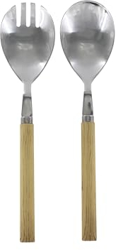 Salad Servers Set of 2 Natural Wood Effect Rustproof Steel/Acrylic Country House Shabby Chic Look Vintage Nostalgia