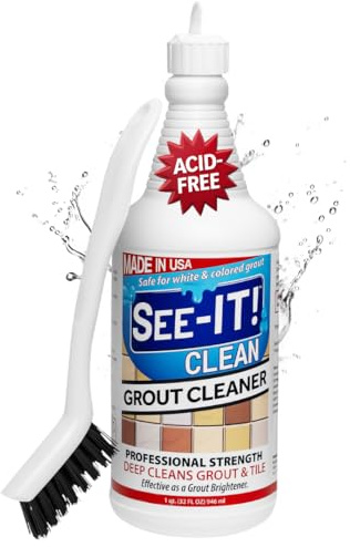 SEE-IT! Grout & Tile Deep Cleaner Brightener & Heavy-Duty Stain Remover Acid-Free Safe for Ceramic, Porcelain, Marble, Stone - 32 fl. oz. with Hand Cleaning Brush