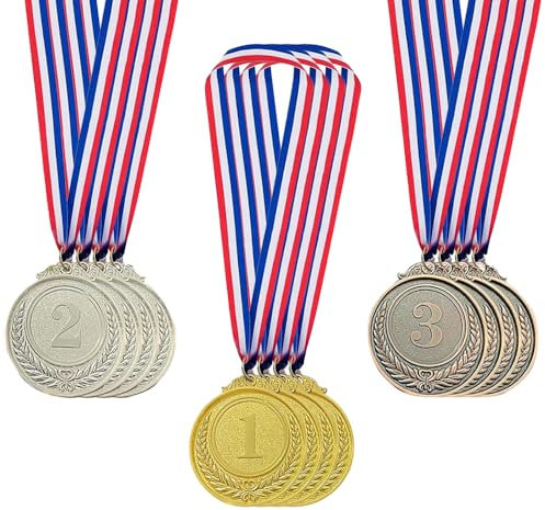 Xreuctop Medaillen Kinder, 12 Stück Olympia Gold Silber Bronze Medaille Metall mit Band, Gewinner Medaillen Goldmedaille Fussball Medaillen für Sport Party Spiele Wettbewerbe Auszeichnungen