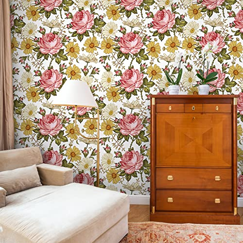 VEELIKE Fototapete Blumen Tapete Vintage Gänseblümchen Pfingstrose Mustertapete 44.5 cm x 300 cm Fototapete Selbstklebend Tapete Kinderzimmer Mädchen Wand Dekoration Schlafzimmer Möbelfolie Muster