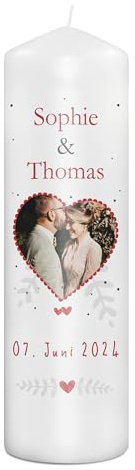 PhotoFancy® - Personalisierte Hochzeitskerze - Fotokerze mit eigenem Foto/Text bedrucken lassen - Kerze mit Hochzeits-Design: Herzenslicht - 29 cm Höhe