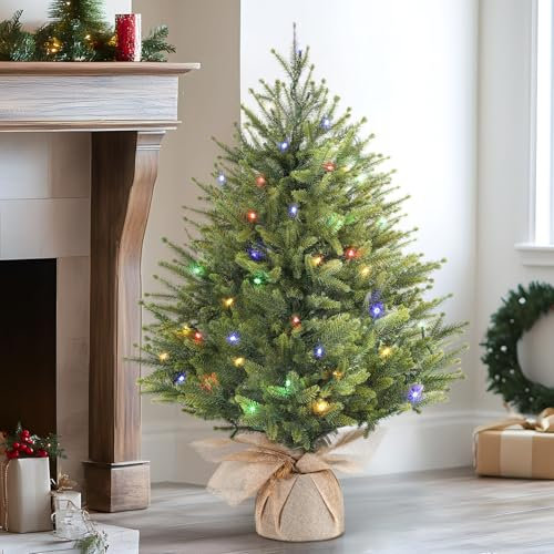 Alupssuc 2FT Pre-lit Artificial Mini Christmas Tree,PE Branches with Burlap Bag Base, Color LED Lights,12 Light Modes, Perfect for Xmas Decorations, Home, Kitchen, Dining-Green