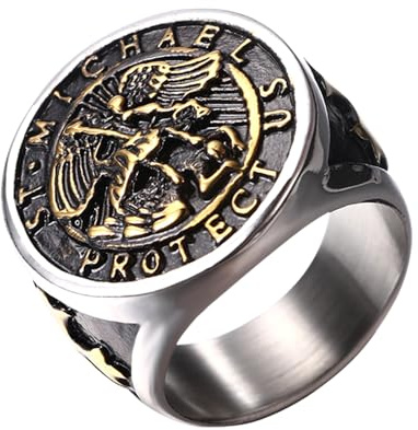 Flongo Saint Michael Siegelring für Herren: Gold Silber Religiöser Ring Amulett Heiliger Michael Edelstahl Beschützer Schmuck Signet Ring Religion Runde Retro Band Geschenk Größe von 57 bis 71