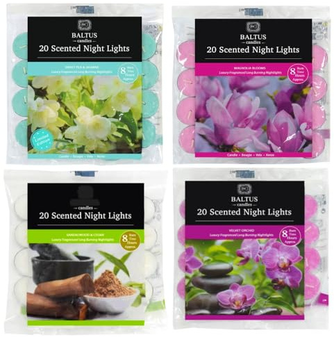 4 X 20 pc Assorted Fragranced tealight Candles Assorted Baltus Scented Bags of 20 PCS in Each Bag 8 Hour Burn from Each Tealight