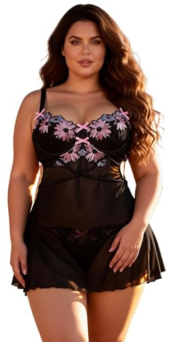 ohyeahlady Lingerie Hot per Donna Babydoll Mesh Camicia da Notte Elegante Taglie Forti Abito da Notte Mini Abito con Perizoma Sottoveste Curvy Nero,L