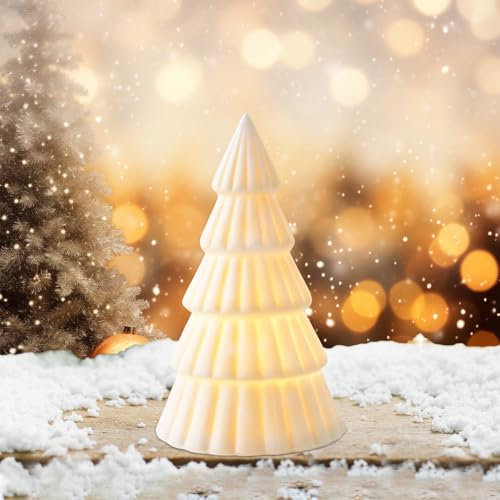 Skeadex Mini Weihnachtsbaum aus Keramik, Kleiner Weihnachtsbaum mit Beleuchtung, Weiß Keramik Mini Weihnachtsbaum Beleuchtet Batteriebetrieben, Mini Tannenbaum für Weihnachtsdeko Innen, Tischdeko (A)