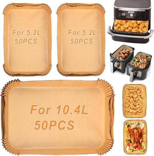 YJDM 150 Stück Backpapier für Heißluftfritteuse Ninja AF500EU AF500EUCP, Cecotec 9000, Rechteckig Airfryer Backpapier für Flex Drawer Dual Zone 5.2L, 10L&10.4L verschiedene Zwei Größen Luftfritteusen