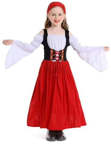 Lito Angels Déguisement Robe Dirndl Bavaroise Fille, Rouge, 8-9 ans