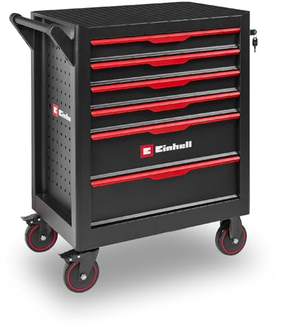 Original Einhell Werkstattwagen leer (6 Schubladen, Interlock-System, kugelgelagerte Führungsschienen, belastbar bis 135 kg, mobil mit Feststellrollen)