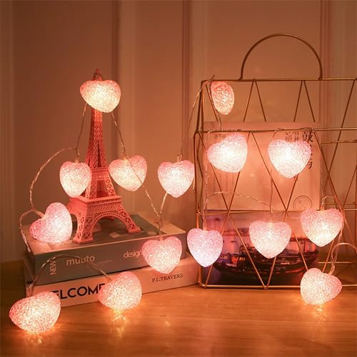ESSECMBS Valentine’s Day String Lights Battery Operated Pink Heart Light String with 10 Beads Romantic Red Love LED Lights Indoor Decorations for Home (Pink, 150cm)